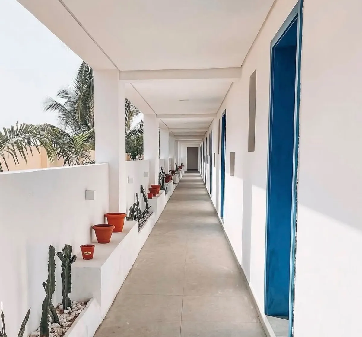 White walkway with planters at a beach house